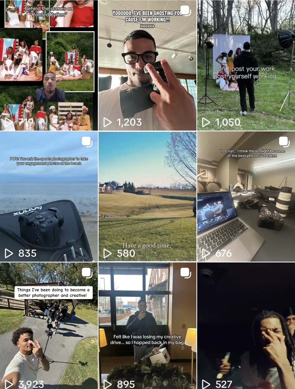 Jaedon Mast's content creator grid — behind-the-scenes photography and marketing reels